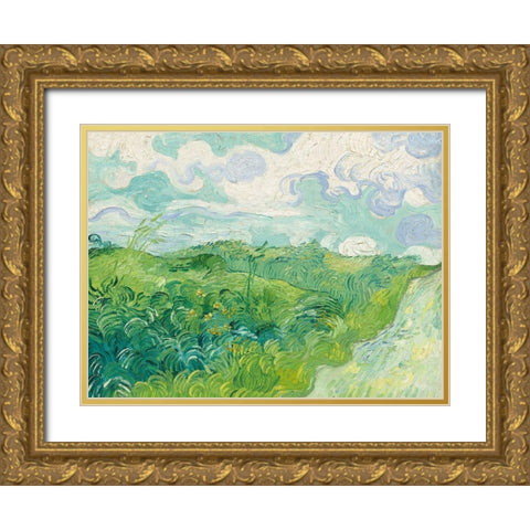 Green Wheat Fields, Auvers Gold Ornate Wood Framed Art Print with Double Matting by Vincent, van Gogh