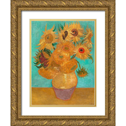 Sunflowers Gold Ornate Wood Framed Art Print with Double Matting by Vincent, van Gogh