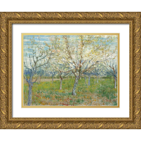 The Pink Orchard Gold Ornate Wood Framed Art Print with Double Matting by van Gogh, Vincent