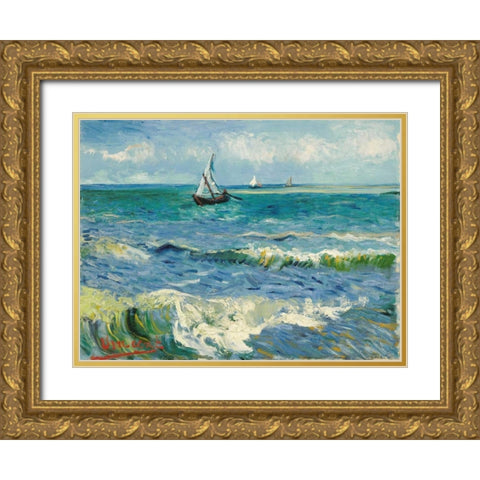 Les Saintes-Maries-de-la-Mer Gold Ornate Wood Framed Art Print with Double Matting by Van Gogh, Vincent