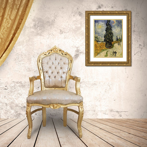 Road with Cypresses Gold Ornate Wood Framed Art Print with Double Matting by Van Gogh, Vincent