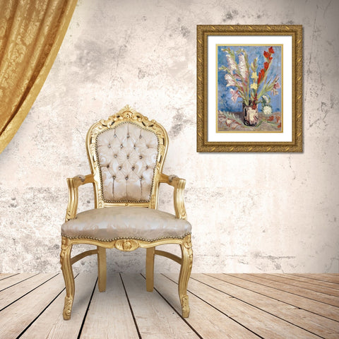 Vase with Gladioli and China Asters Gold Ornate Wood Framed Art Print with Double Matting by van Gogh, Vincent