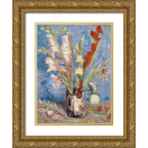 Vase with Gladioli and China Asters Gold Ornate Wood Framed Art Print with Double Matting by van Gogh, Vincent