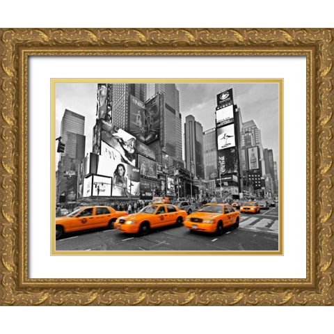 Taxis in Times Square NYC Gold Ornate Wood Framed Art Print with Double Matting by Ratsenskiy, Vadim