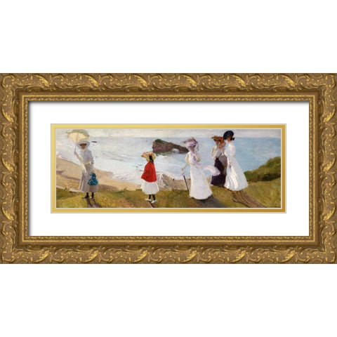 Lighthouse Walk at Biarritz Gold Ornate Wood Framed Art Print with Double Matting by Sorolla y Bastida, JoaquÃ­n