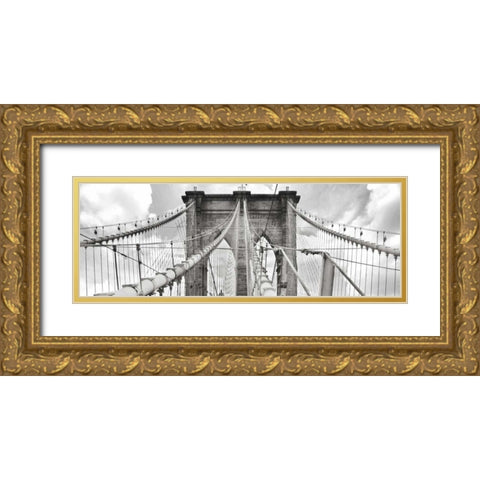 Morning on Brooklyn Bridge, NYC Gold Ornate Wood Framed Art Print with Double Matting by Anonymous