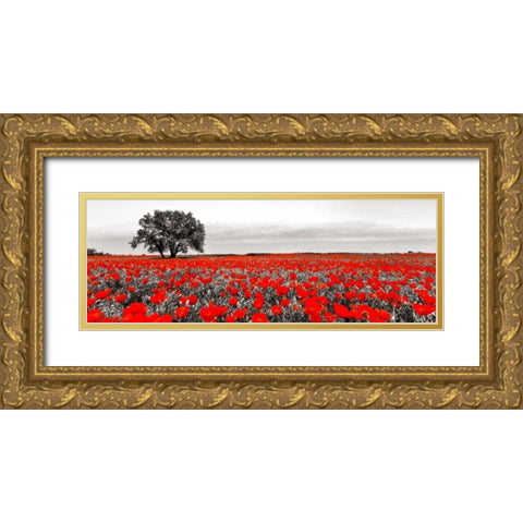Tree in a poppy field Gold Ornate Wood Framed Art Print with Double Matting by Anonymous