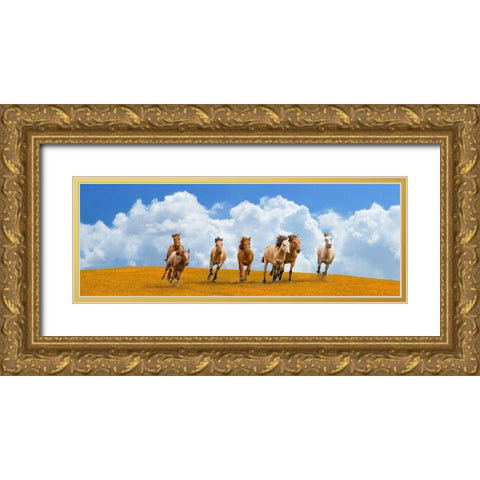 Herd of wild horses (detail) Gold Ornate Wood Framed Art Print with Double Matting by Pangea Images