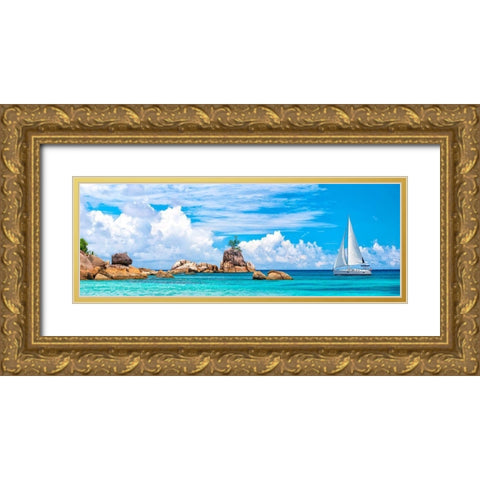Sailboat at La Digue, Seychelles Gold Ornate Wood Framed Art Print with Double Matting by Pangea Images
