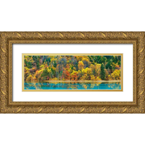 Lake and forest in autumn, China Gold Ornate Wood Framed Art Print with Double Matting by Krahmer, Frank