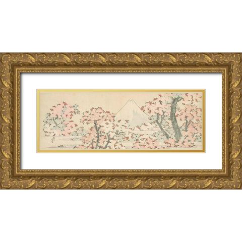 Mount Fuji with Cherry Trees in Bloom Gold Ornate Wood Framed Art Print with Double Matting by Hokusai, Katsushika