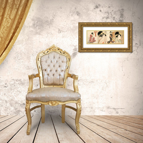 A Selection of Beautiful Women Gold Ornate Wood Framed Art Print with Double Matting by Utamaro, Kitagawa