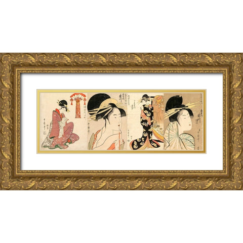 A Selection of Beautiful Women Gold Ornate Wood Framed Art Print with Double Matting by Utamaro, Kitagawa
