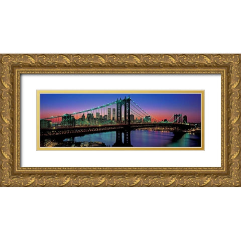 Manhattan Bridge and Skyline Gold Ornate Wood Framed Art Print with Double Matting by Berenholtz, Richard