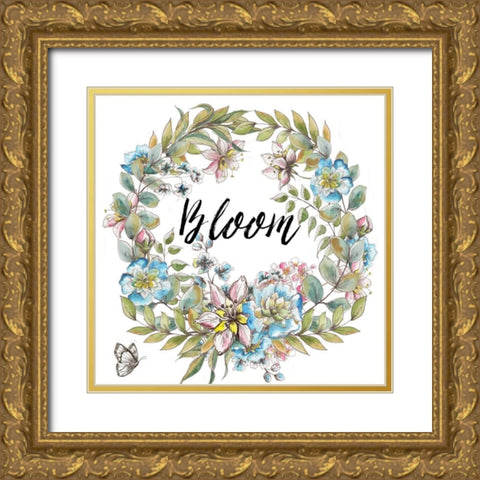 Boho Floral Wreath Bloom Gold Ornate Wood Framed Art Print with Double Matting by Tre Sorelle Studios