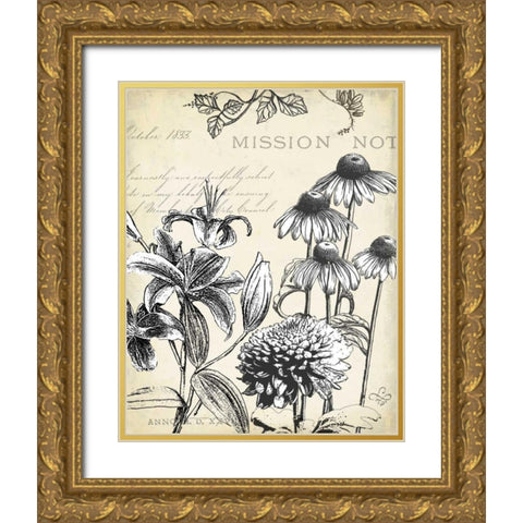 Pen and Ink Floral Study III  Gold Ornate Wood Framed Art Print with Double Matting by Cusson, Marie Elaine