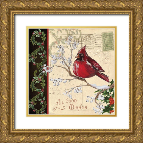 Christmas Bird Postcard III Gold Ornate Wood Framed Art Print with Double Matting by Tre Sorelle Studios