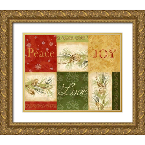 Peace Love Joy Pinecones rectangle Gold Ornate Wood Framed Art Print with Double Matting by Coulter, Cynthia