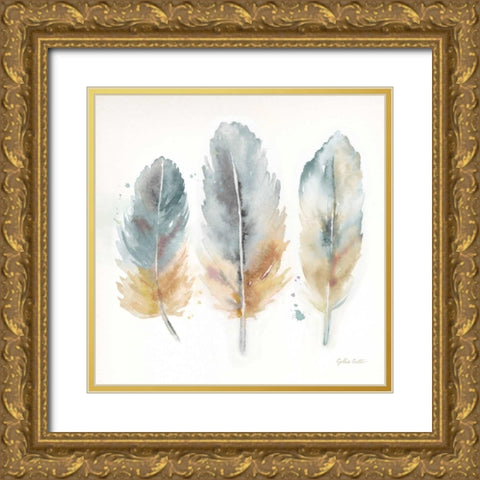 Watercolor Feathers Neutral I Gold Ornate Wood Framed Art Print with Double Matting by Coulter, Cynthia