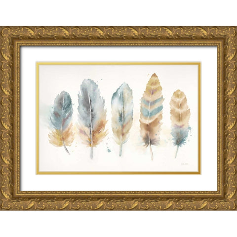 Watercolor Feathers Neutral Landscape Gold Ornate Wood Framed Art Print with Double Matting by Coulter, Cynthia