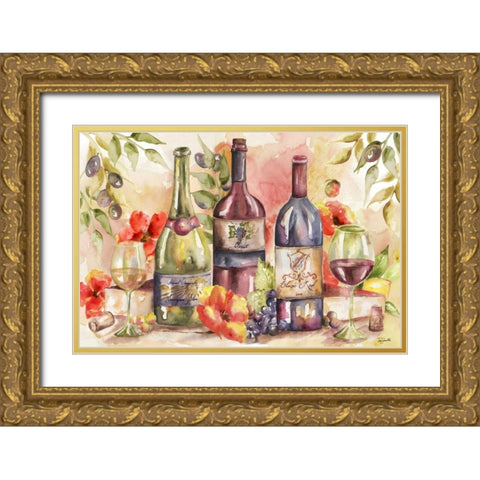 Watercolor Wine and Poppies Landscape Gold Ornate Wood Framed Art Print with Double Matting by Tre Sorelle Studios