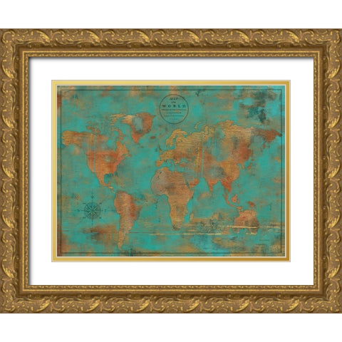 Rustic World Map Gold Ornate Wood Framed Art Print with Double Matting by Elaine-Cusson, Marie