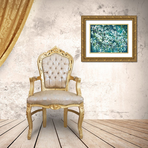 Teal Blossoms Landscape Gold Ornate Wood Framed Art Print with Double Matting by Tre Sorelle Studios