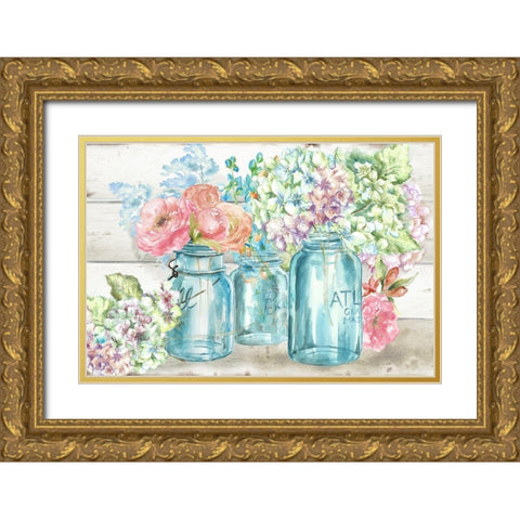 Colorful Flowers in Mason Jar Landscape Gold Ornate Wood Framed Art Print with Double Matting by Tre Sorelle Studios