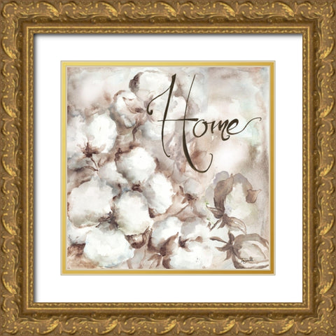 Cotton Boll Triptych Sentiment I (Home) Gold Ornate Wood Framed Art Print with Double Matting by Tre Sorelle Studios