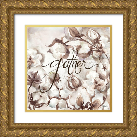 Cotton Boll Triptych Sentiment II (Gather) Gold Ornate Wood Framed Art Print with Double Matting by Tre Sorelle Studios