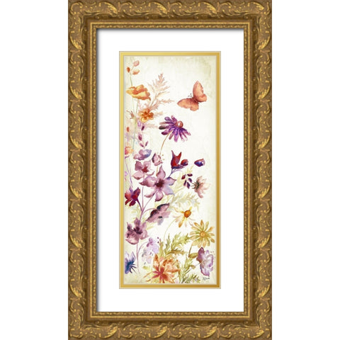 Colorful Wildflowers and Butterflies Panel I Gold Ornate Wood Framed Art Print with Double Matting by Tre Sorelle Studios