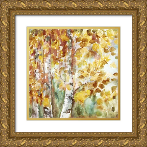 Watercolor Fall Aspens Square Gold Ornate Wood Framed Art Print with Double Matting by Tre Sorelle Studios