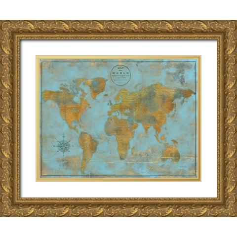 Rustic World Map Sky Blue Gold Ornate Wood Framed Art Print with Double Matting by Elaine-Cusson, Marie