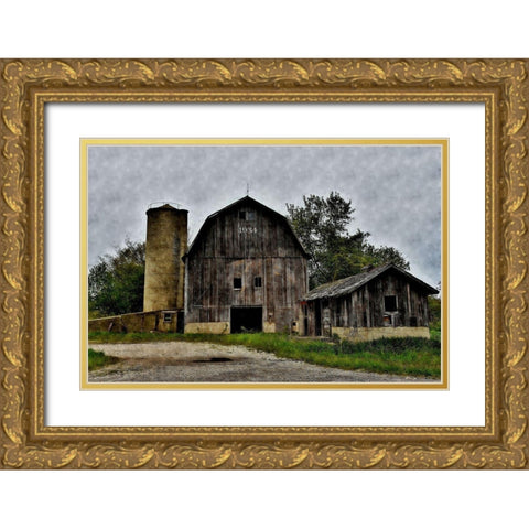 The Old Barn and Silo Gold Ornate Wood Framed Art Print with Double Matting by Romita, Denise