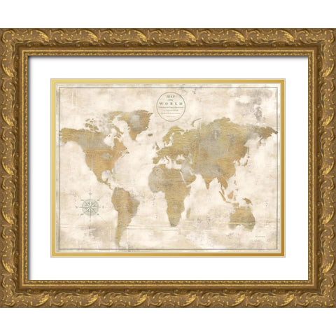 Rustic World Map Cream No Words Gold Ornate Wood Framed Art Print with Double Matting by Cusson, Marie Elaine