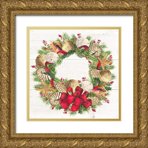 Christmas by the Sea Wreath square Gold Ornate Wood Framed Art Print with Double Matting by Reed, Tara