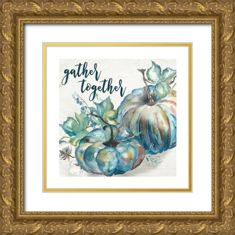 Blue Watercolor Harvest  Square Gather Together Gold Ornate Wood Framed Art Print with Double Matting by Tre Sorelle Studios