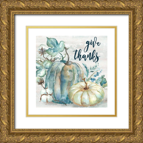 Blue Watercolor Harvest Square Give Thanks Gold Ornate Wood Framed Art Print with Double Matting by Tre Sorelle Studios