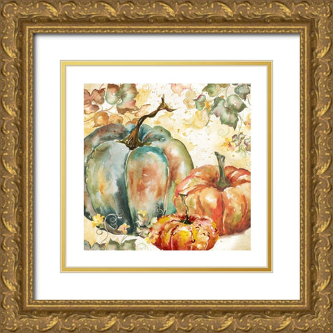 Watercolor Harvest Teal and Orange Pumpkins I Gold Ornate Wood Framed Art Print with Double Matting by Tre Sorelle Studios