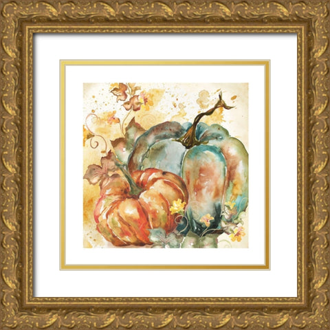 Watercolor Harvest Teal and Orange Pumpkins II Gold Ornate Wood Framed Art Print with Double Matting by Tre Sorelle Studios