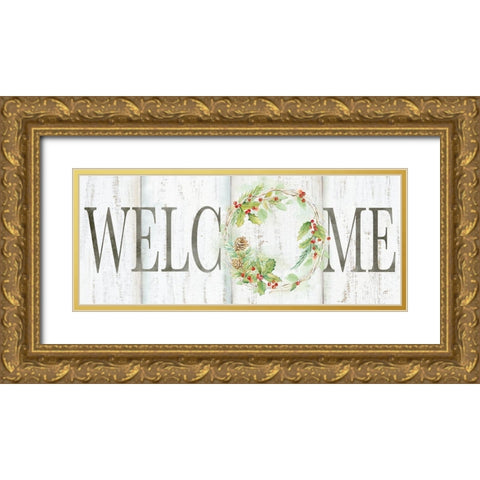 Holiday Wreath Welcome Sign Gold Ornate Wood Framed Art Print with Double Matting by Coulter, Cynthia