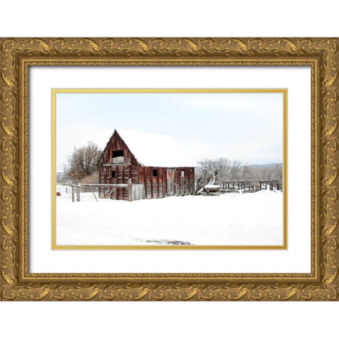 Winter Barn Landscape Gold Ornate Wood Framed Art Print with Double Matting by Tyrrell, Lu Anne