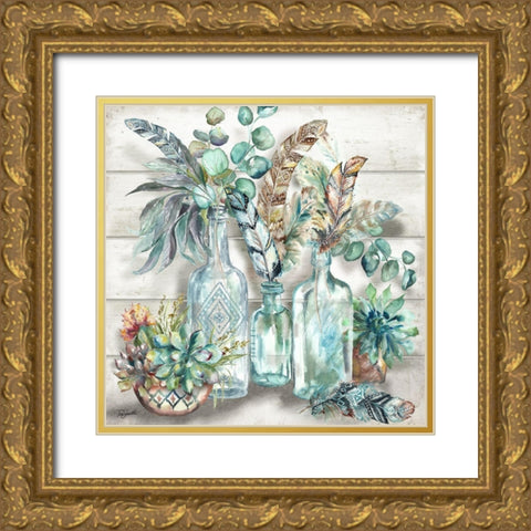 Tribal Feathers Still Life Gold Ornate Wood Framed Art Print with Double Matting by Tre Sorelle Studios