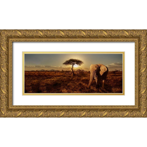 Elephant and Tree Gold Ornate Wood Framed Art Print with Double Matting by Michal, Susan