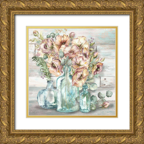 Blush Poppies and Eucalyptus Still Life Gold Ornate Wood Framed Art Print with Double Matting by Tre Sorelle Studios
