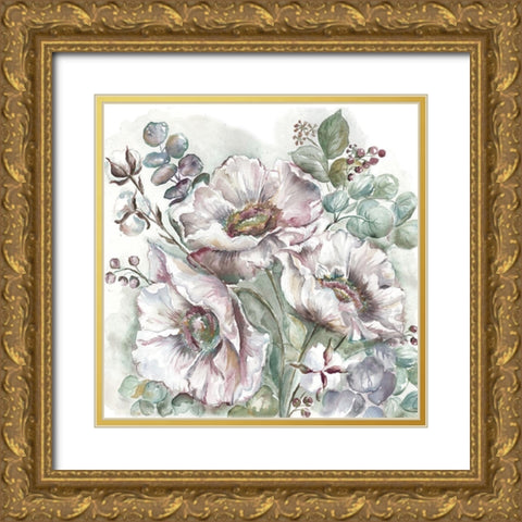 Blush Poppies and Eucalyptus  Gold Ornate Wood Framed Art Print with Double Matting by Tre Sorelle Studios