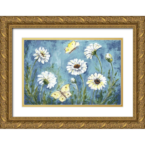 Daisies and Butterfly Meadow Gold Ornate Wood Framed Art Print with Double Matting by Tre Sorelle Studios