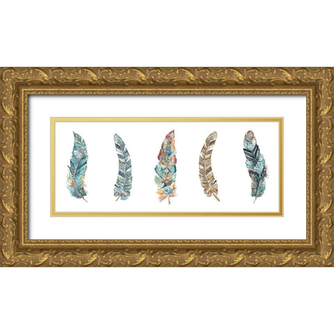 Tribal Feathers Panel Gold Ornate Wood Framed Art Print with Double Matting by Tre Sorelle Studios