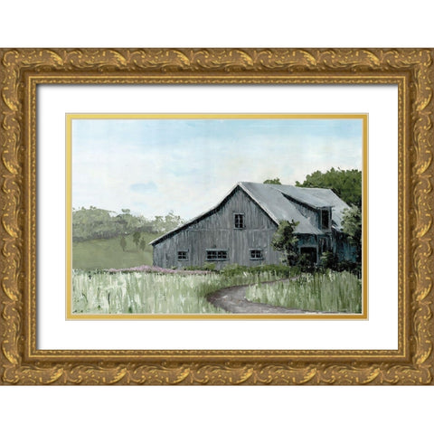 Flower Field Barn Gold Ornate Wood Framed Art Print with Double Matting by Cusson, Marie-Elaine