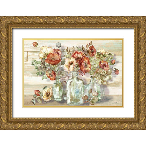 Spice Poppies and Eucalyptus in bottles Landscape Gold Ornate Wood Framed Art Print with Double Matting by Tre Sorelle Studios